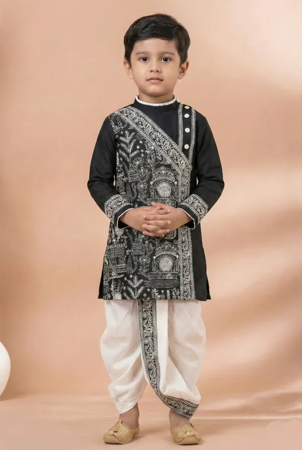 Black_Embroidered_Kids_Kurta_With_Off_White_Dhoti_Set