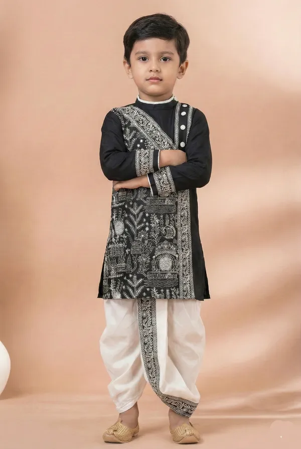 Black_Embroidered_Kids_Kurta_With_Off_White_Dhoti_Set