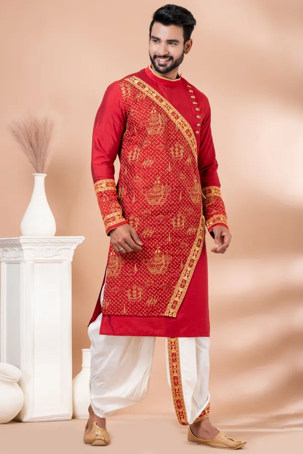 Ethnivo_Premium_Red_Embroidered_Men_S_Kurta_With_Off_White_Dhoti_Set