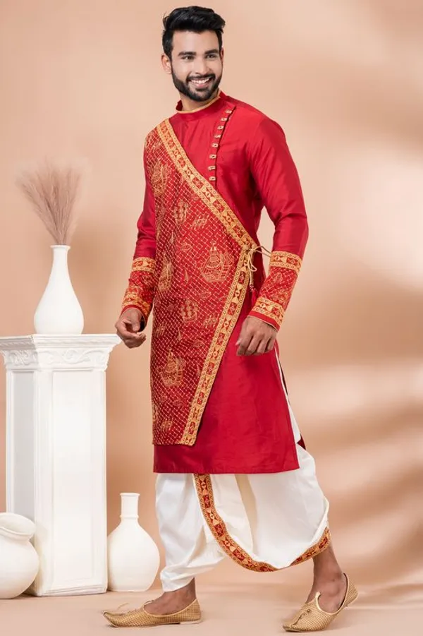 Ethnivo_Premium_Red_Embroidered_Men_S_Kurta_With_Off_White_Dhoti_Set