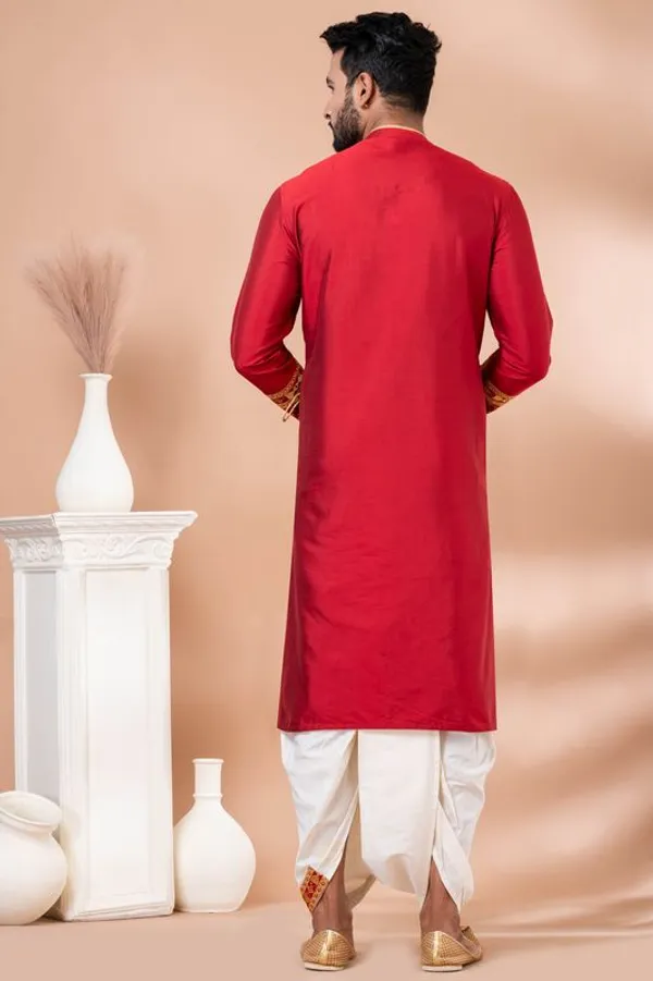 Ethnivo_Premium_Red_Embroidered_Men_S_Kurta_With_Off_White_Dhoti_Set