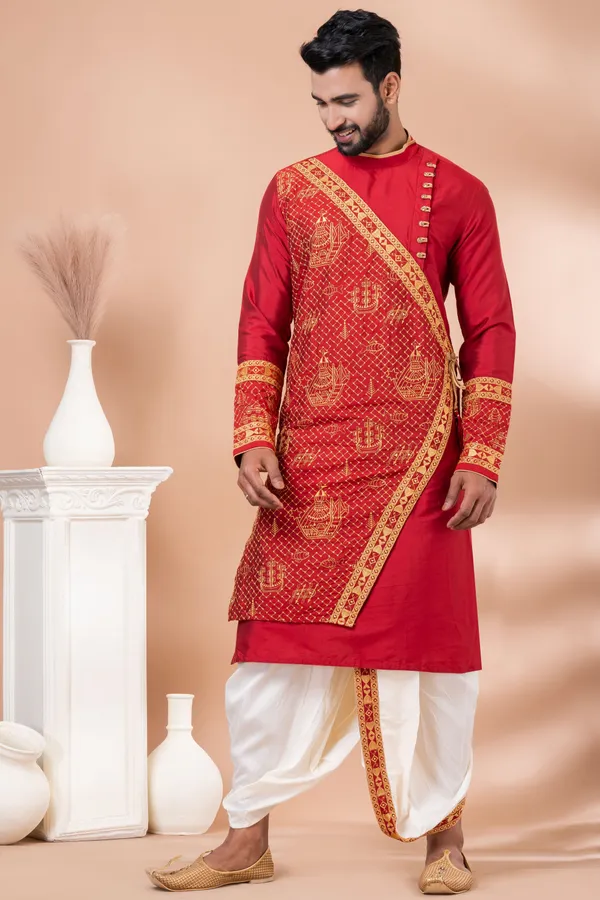 Ethnivo_Premium_Red_Embroidered_Men_S_Kurta_With_Off_White_Dhoti_Set