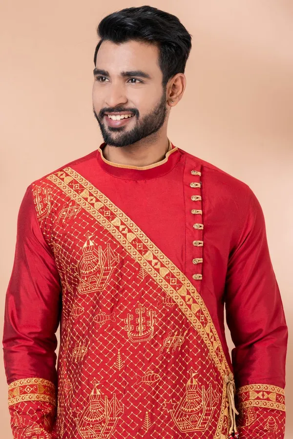 Ethnivo_Premium_Red_Embroidered_Men_S_Kurta_With_Off_White_Dhoti_Set