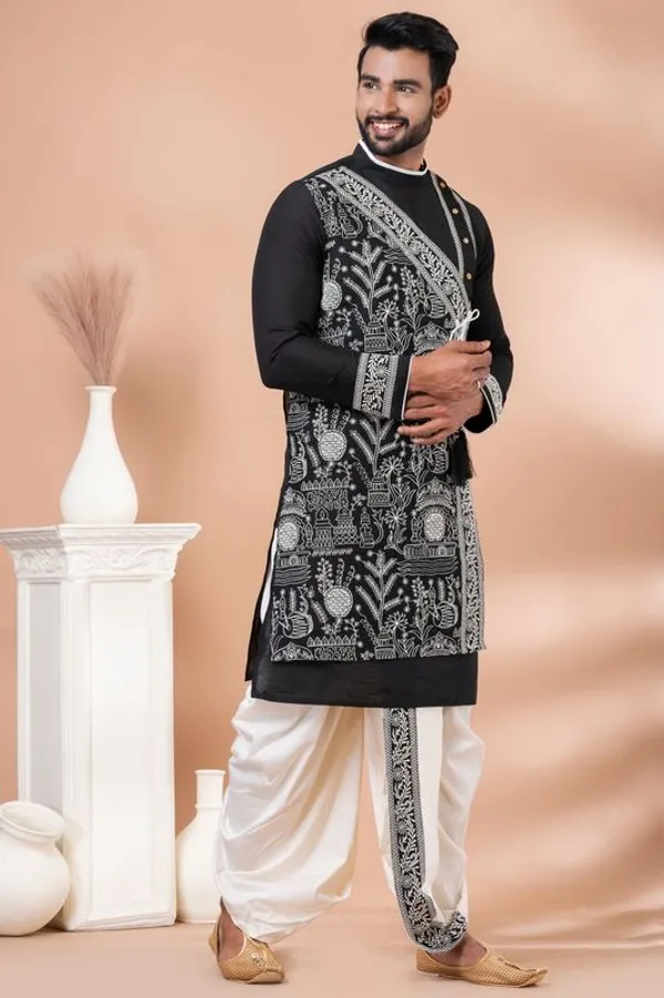 Ethnivo_Black_Designer_Embroidered_Kurta_Dhoti_Set