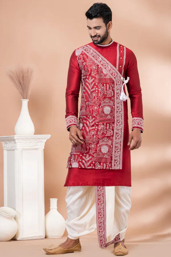 Red_Festive_Wear_Designer_Kurta_Dhoti_Set