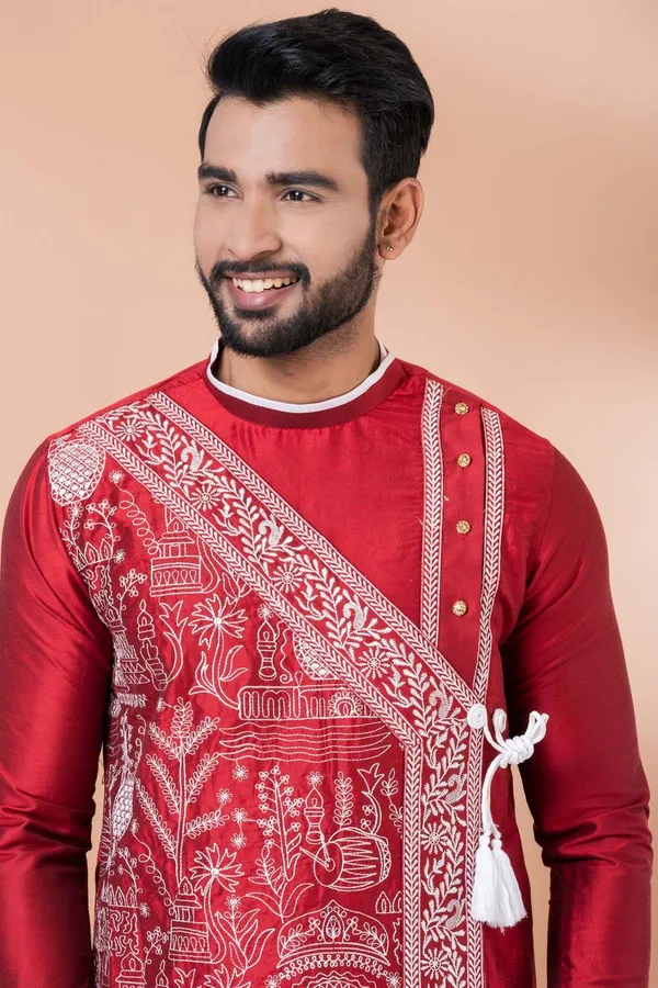 Red_Festive_Wear_Designer_Kurta_Dhoti_Set