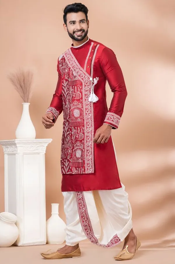Red_Festive_Wear_Designer_Kurta_Dhoti_Set