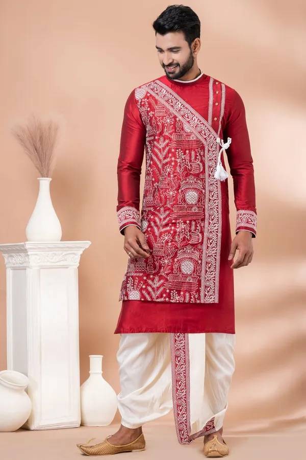 Red_Festive_Wear_Designer_Kurta_Dhoti_Set