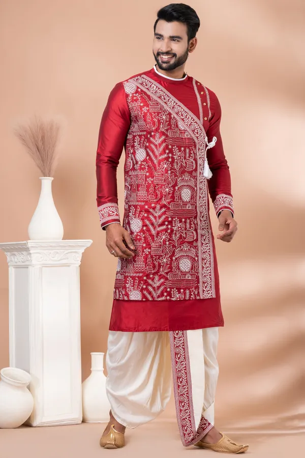 Red_Festive_Wear_Designer_Kurta_Dhoti_Set