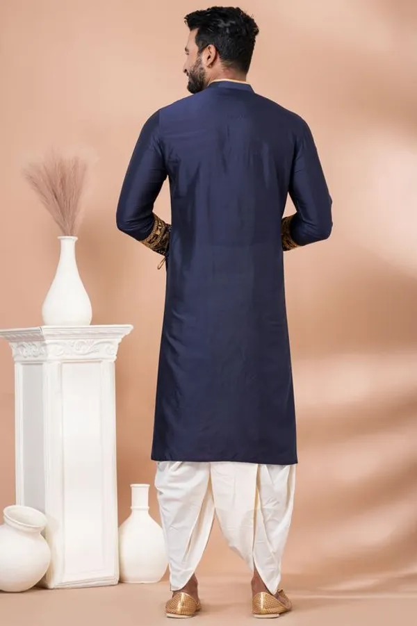 Navy_Blue_Traditional_Designer_Kurta_With_Off_White_Dhoti_Set