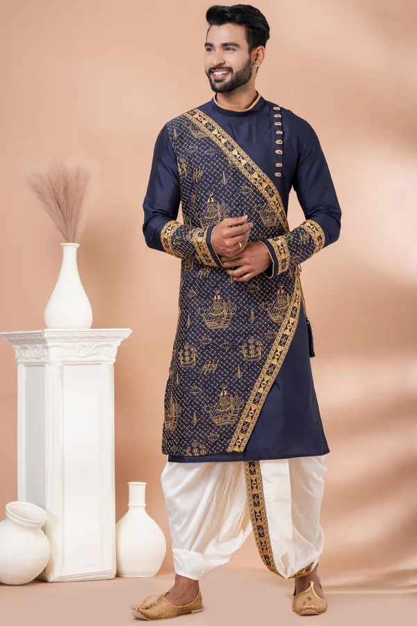 Navy_Blue_Traditional_Designer_Kurta_With_Off_White_Dhoti_Set