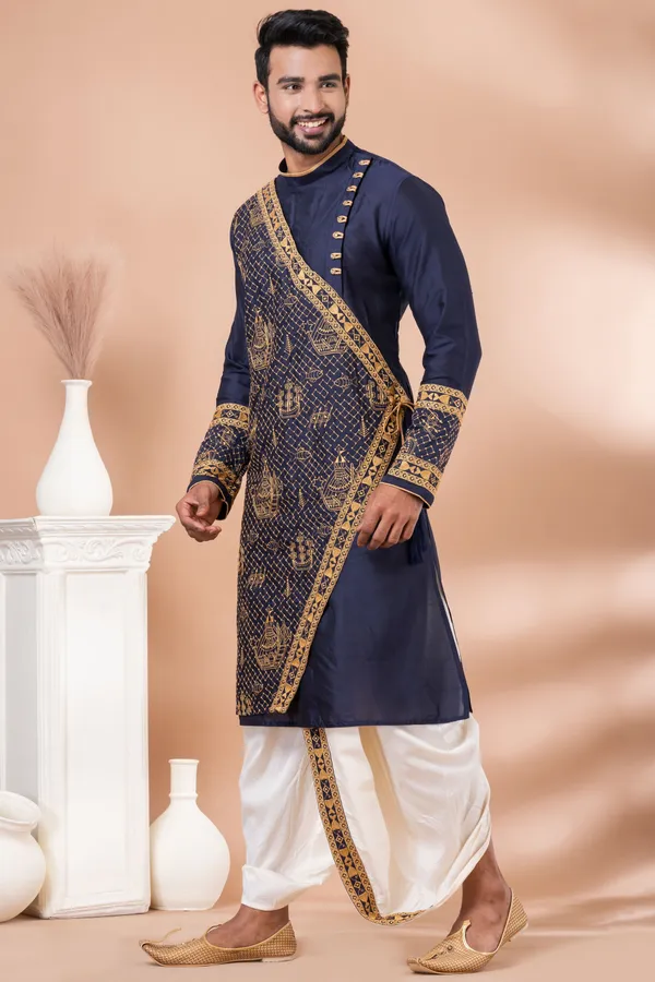 Navy_Blue_Traditional_Designer_Kurta_With_Off_White_Dhoti_Set