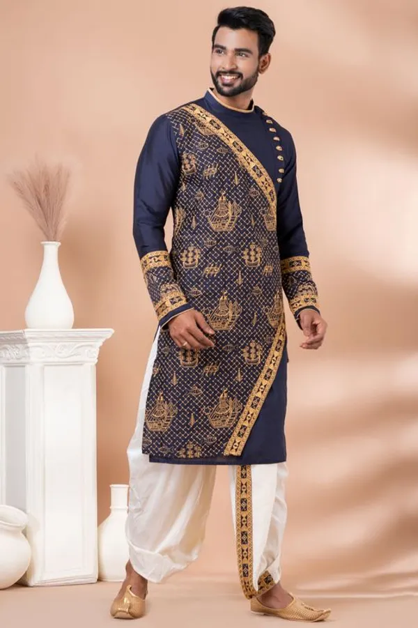 Navy_Blue_Traditional_Designer_Kurta_With_Off_White_Dhoti_Set