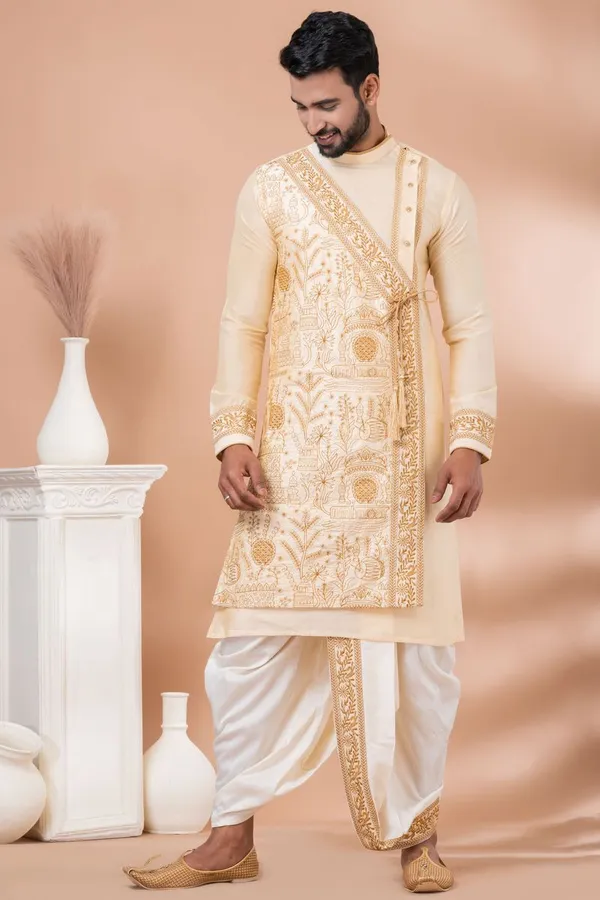 Premium_Golden_Embroidered_Men_S_Kurta_With_Off_White_Dhoti_Set