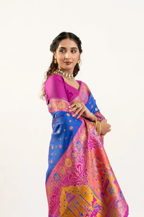 Blue_Soft_Silk_Banarasi_Saree_With_Pink_Blouse_Default_Title