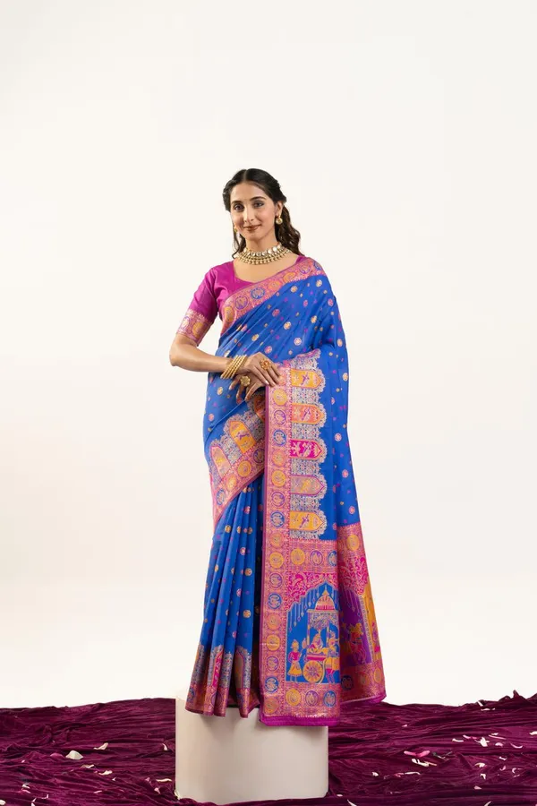 Blue_Soft_Silk_Banarasi_Saree_With_Pink_Blouse_Default_Title