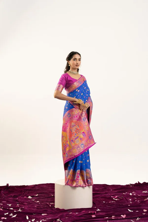 Blue_Soft_Silk_Banarasi_Saree_With_Pink_Blouse_Default_Title