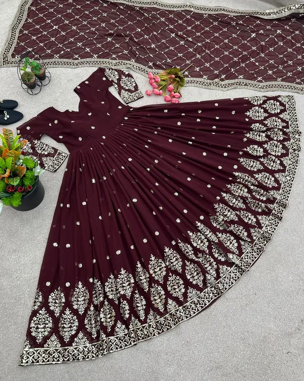 Maroon_Festive_Wear_Heavy_Embroidery_Readymade_Gown_With_Dupatta