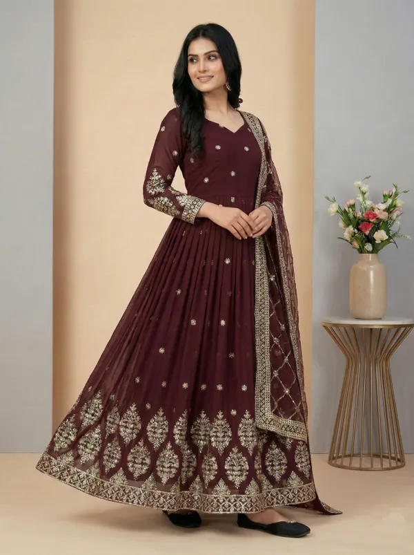 Maroon_Festive_Wear_Heavy_Embroidery_Readymade_Gown_With_Dupatta