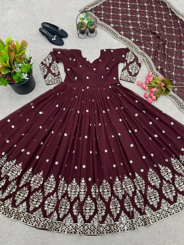 Maroon_Festive_Wear_Heavy_Embroidery_Readymade_Gown_With_Dupatta