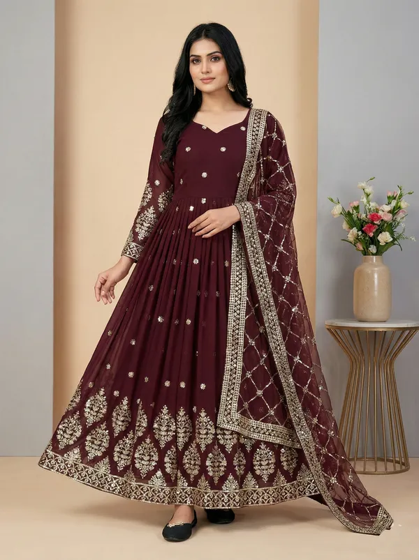 Maroon_Festive_Wear_Heavy_Embroidery_Readymade_Gown_With_Dupatta