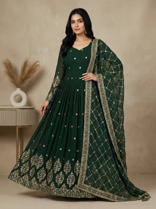 Green_Heavy_Designer_Festival_Wear_Readymade_Gown_With_Dupatta