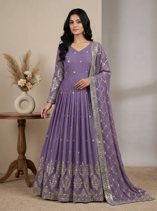 Lavender_Color_Festive_Wear_Heavy_Embroidery_Readymade_Gown_With_Dupatta