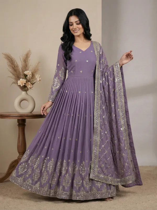 Lavender_Color_Festive_Wear_Heavy_Embroidery_Readymade_Gown_With_Dupatta