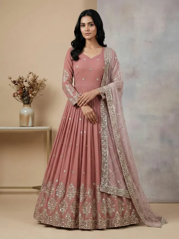 Peach_Pink_Premium_Festive_Wear_Readymade_Gown_With_Dupatta