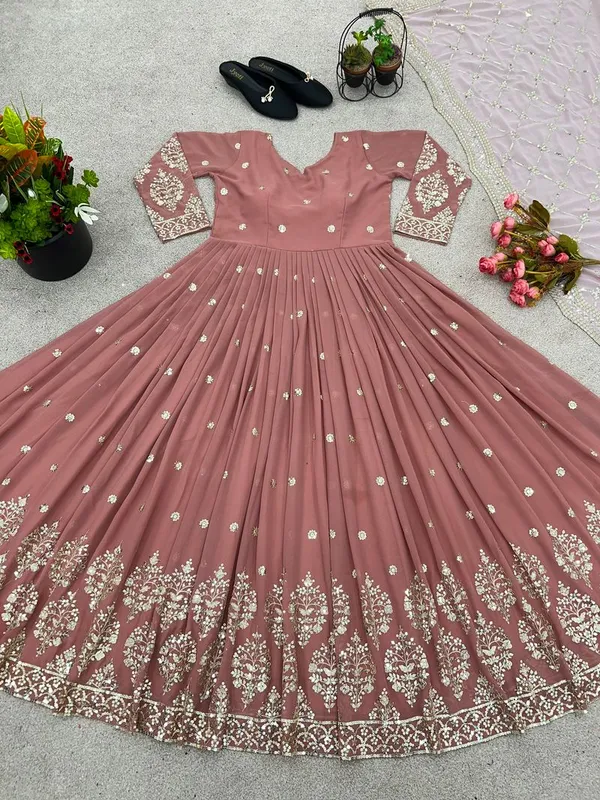 Peach_Pink_Premium_Festive_Wear_Readymade_Gown_With_Dupatta