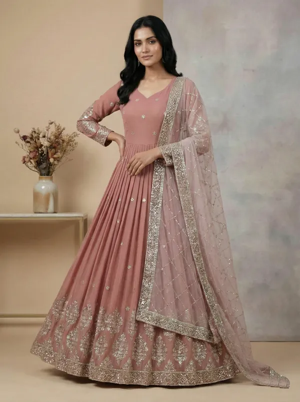 Peach_Pink_Premium_Festive_Wear_Readymade_Gown_With_Dupatta