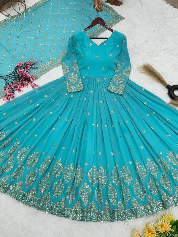 Sky_Blue_Classic_Ethnic_Readymade_Gown_With_Dupatta