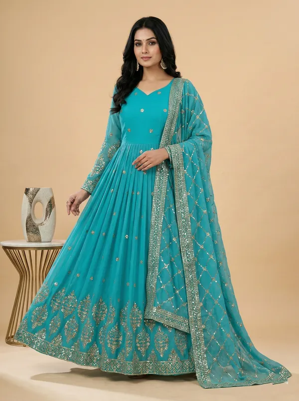 Sky_Blue_Classic_Ethnic_Readymade_Gown_With_Dupatta