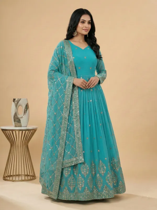 Sky_Blue_Classic_Ethnic_Readymade_Gown_With_Dupatta