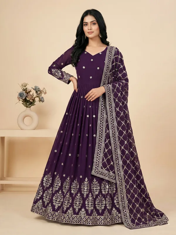 Wine_Luxury_Embroidery_Readymade_Gown_With_Dupatta