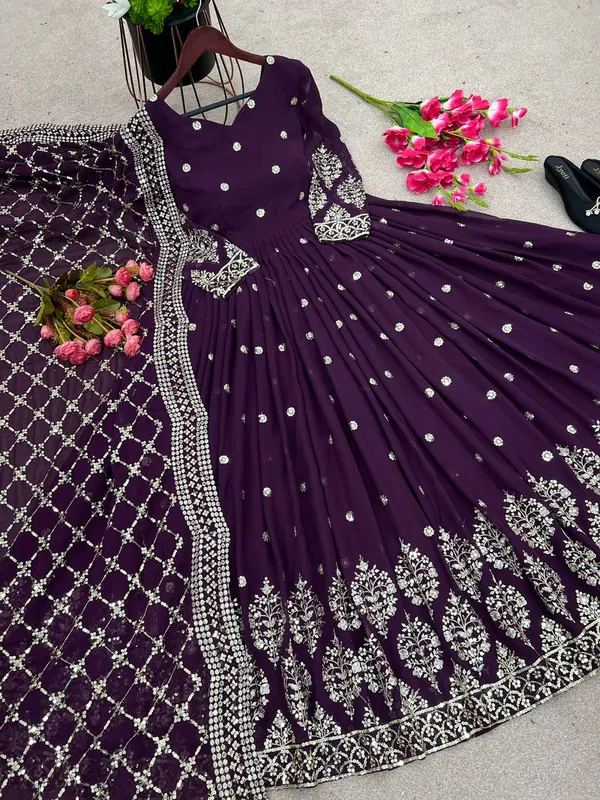 Wine_Luxury_Embroidery_Readymade_Gown_With_Dupatta