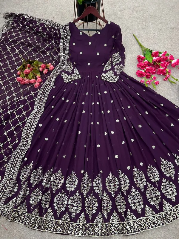 Wine_Luxury_Embroidery_Readymade_Gown_With_Dupatta