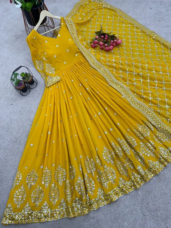 Yellow_Haldi_Function_Special_Embroidered_Readymade_Gown_With_Dupatta