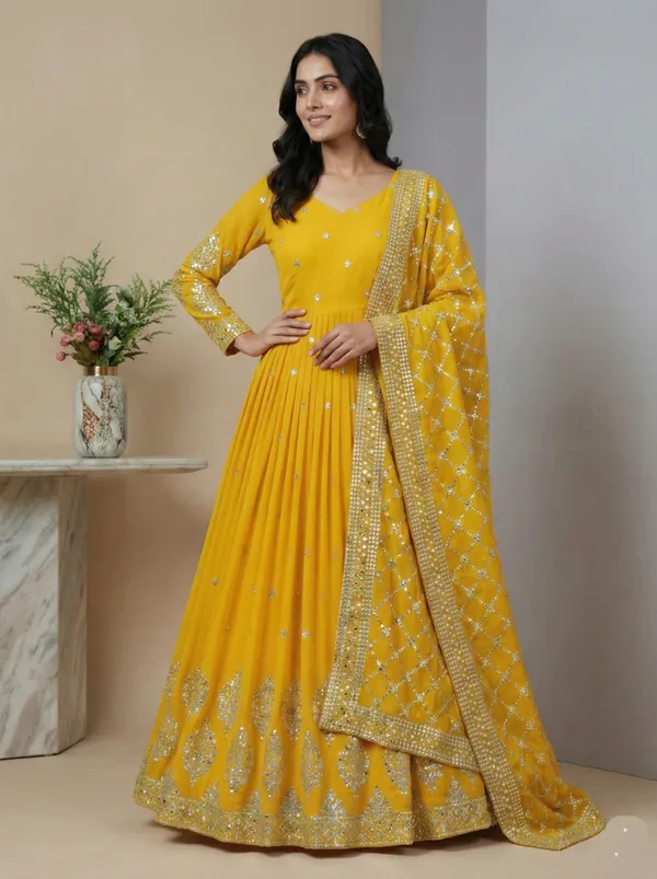 Yellow_Haldi_Function_Special_Embroidered_Readymade_Gown_With_Dupatta