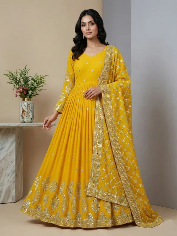 Yellow_Haldi_Function_Special_Embroidered_Readymade_Gown_With_Dupatta
