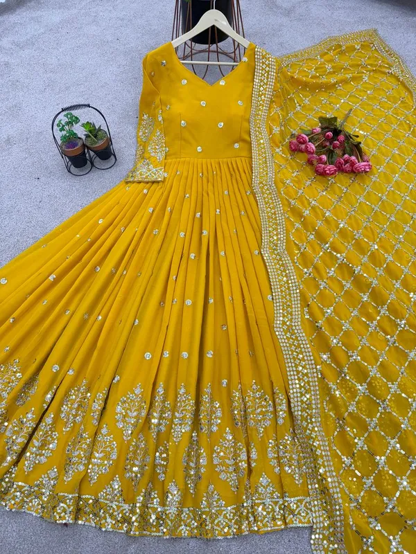 Yellow_Haldi_Function_Special_Embroidered_Readymade_Gown_With_Dupatta