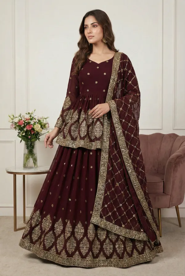 Maroon_Faux_Georgette_Classic_Traditional_Lehenga_With_Top_Dupatta