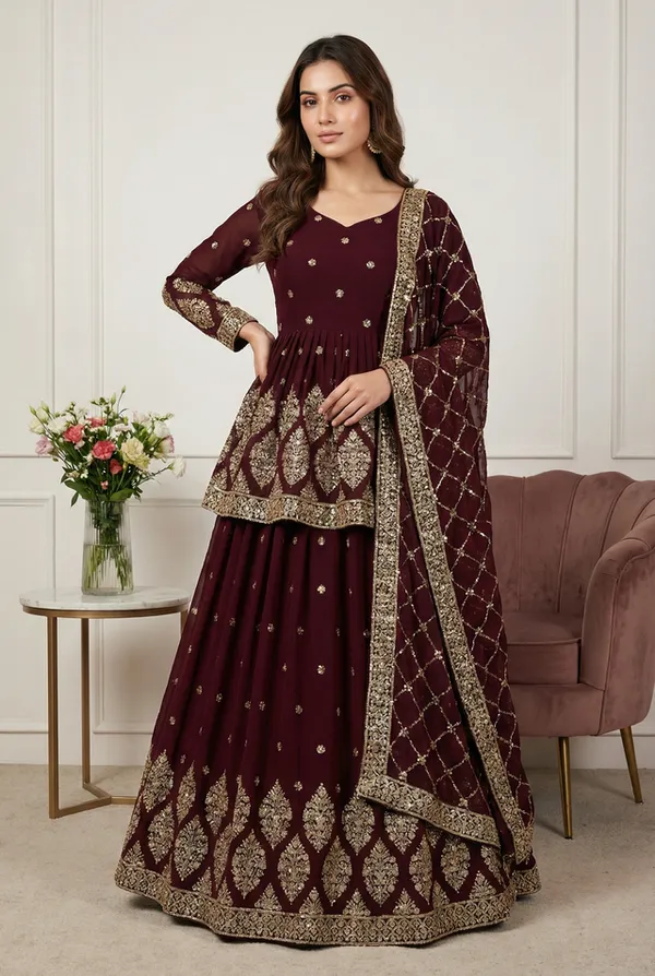 Maroon_Faux_Georgette_Classic_Traditional_Lehenga_With_Top_Dupatta