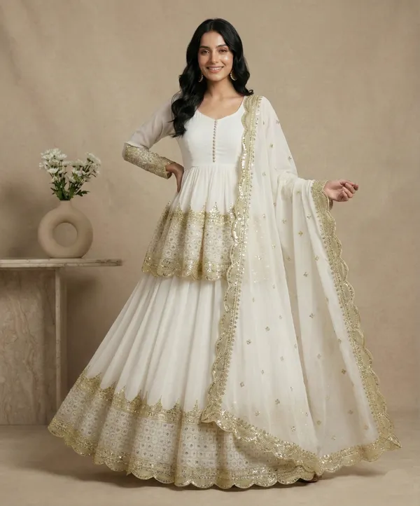 White_Faux_Georgette_Elegant_Traditional_Lehenga_With_Top_Dupatta