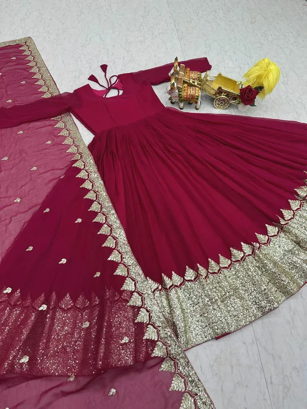 Pink_Heavy_Sequence_Embroidery_Readymade_Gown_With_Dupatta