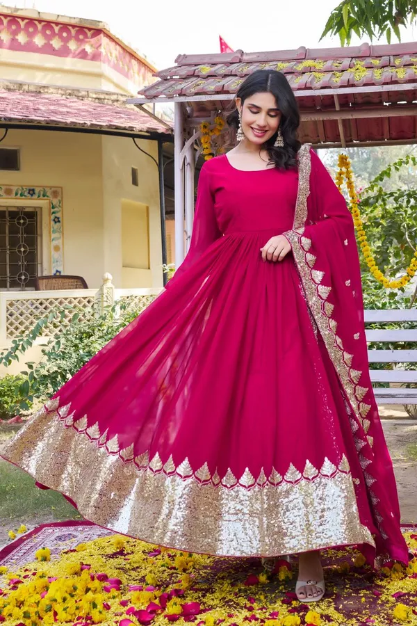 Pink_Heavy_Sequence_Embroidery_Readymade_Gown_With_Dupatta