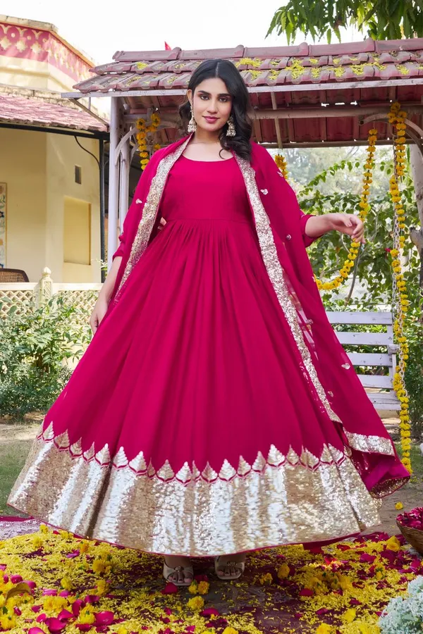 Pink_Heavy_Sequence_Embroidery_Readymade_Gown_With_Dupatta