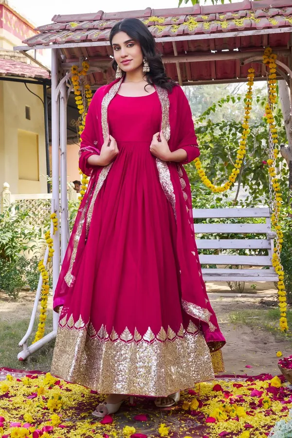 Pink_Heavy_Sequence_Embroidery_Readymade_Gown_With_Dupatta