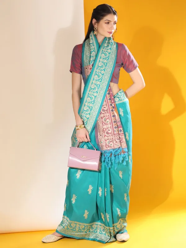 Firozi_Color_Premium_Designer_Soft_Raw_Silk_Saree_Default_Title