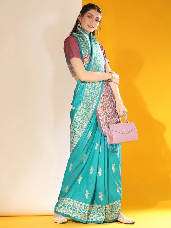 Firozi_Color_Premium_Designer_Soft_Raw_Silk_Saree_Default_Title